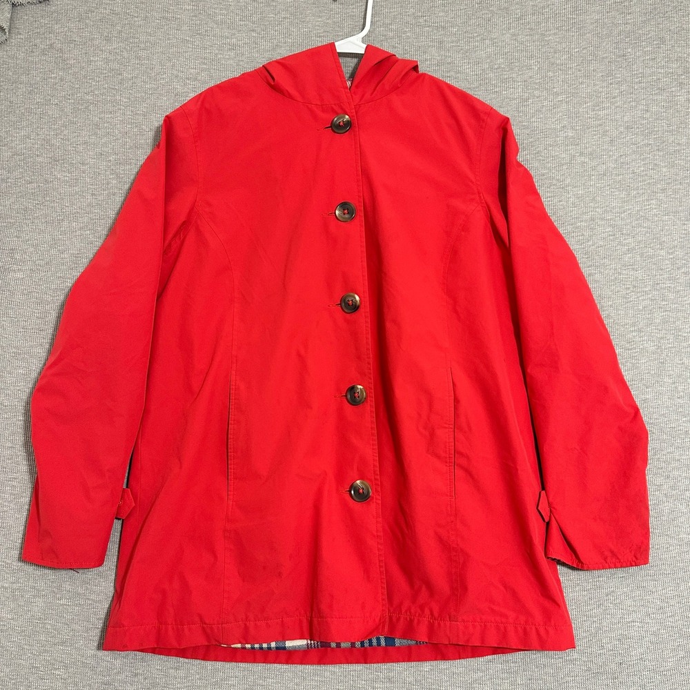 L.L.Bean Hooded Plaid Lined Rain Jacket Trench Coat Red Womens Size Large